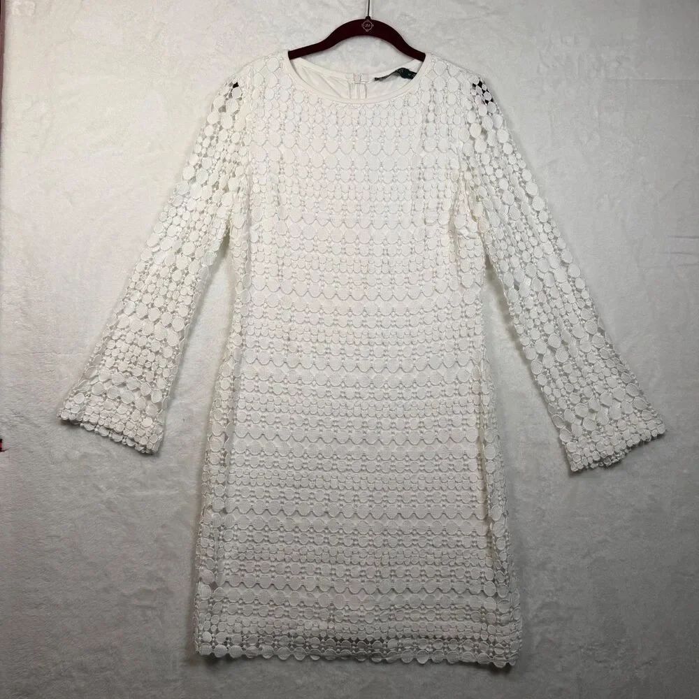 Lauren Ralph Lauren White Circle Lace Sheath Dress Size 10 Long Sleeve